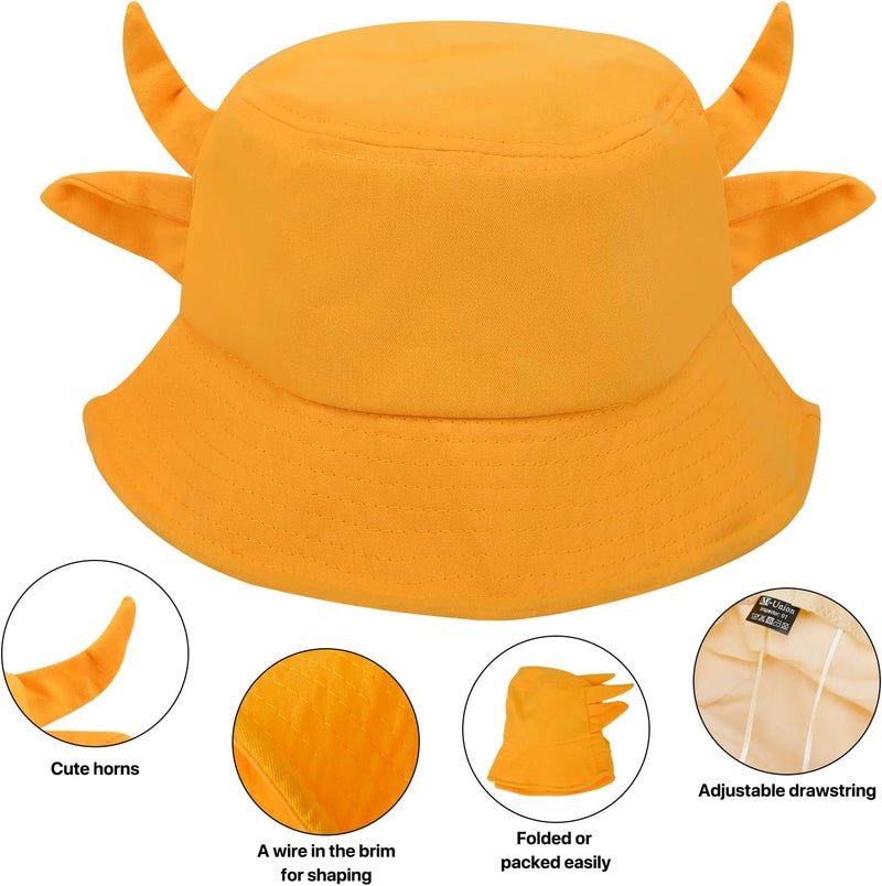 QANQIUPLE Cow Print Bucket Hat with Cute Horn Ears Cow Print Summer Beach Sun Hat Fisherman's Cow Bucket Hat - Image 4